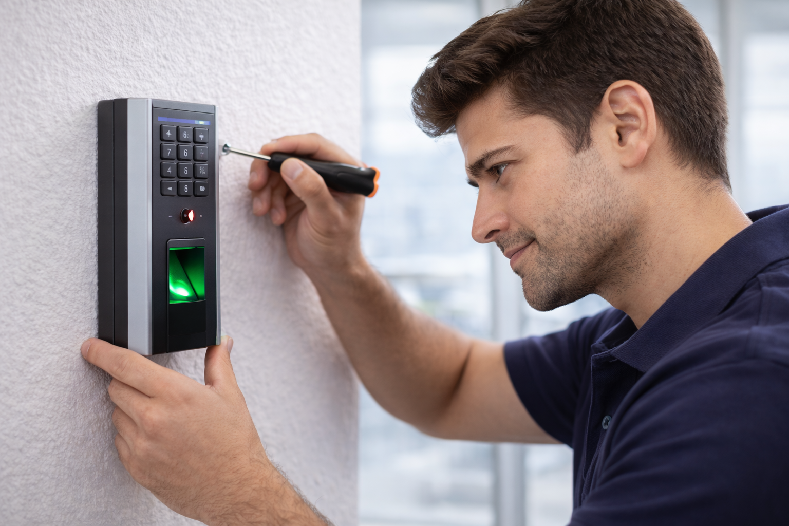 Technician installing biometric access control